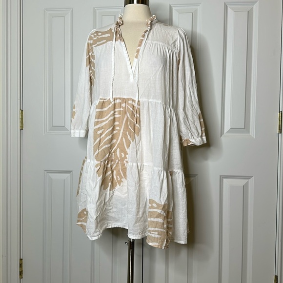 Honorine Giselle White and Tan Leaf Macadamia Print Mini Dress SzSmall - Picture 1 of 8